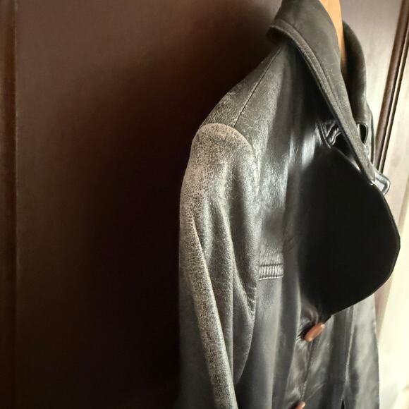 80s Vintage Emotion Dark Gray Leather Trench Coat with Belt | Small Retro - Picture 5 of 10